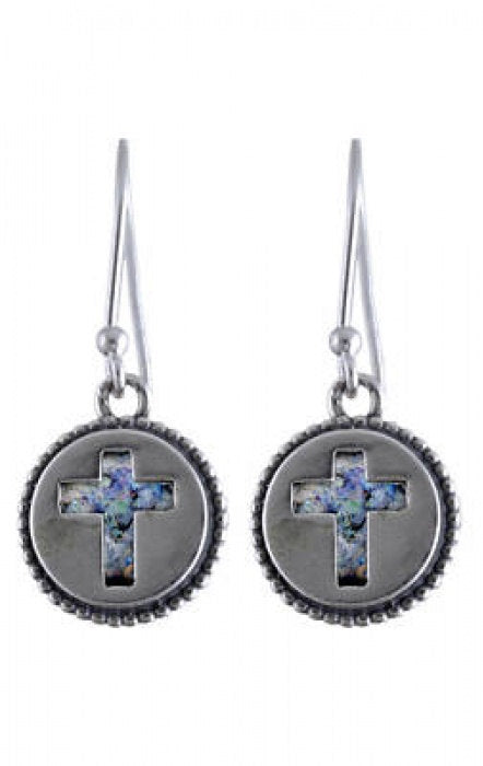 Special Dangle Earrings, 925 Sterling Silver Earrings, Ancient Roman Glass Earrings, Cross, Roman Glass Jewelry image 0