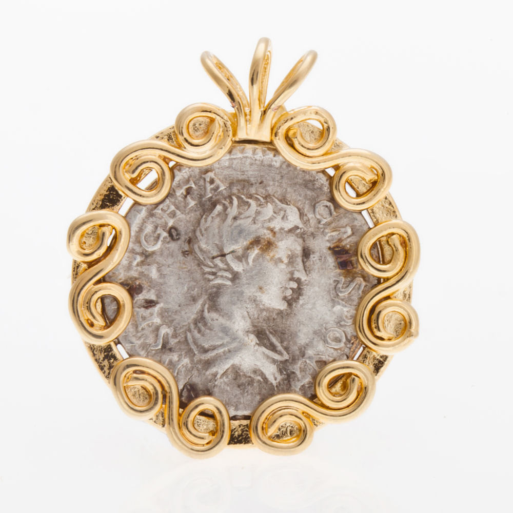 Coin Pendant, 14K Yellow Gold Pendant, Roman Denar Ancient Coin image 0