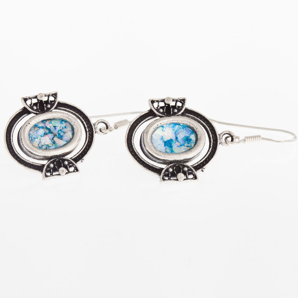 Ancient Roman Glass 925 Sterling Silver Dangle Earrings Unique Design, Feminine image 0