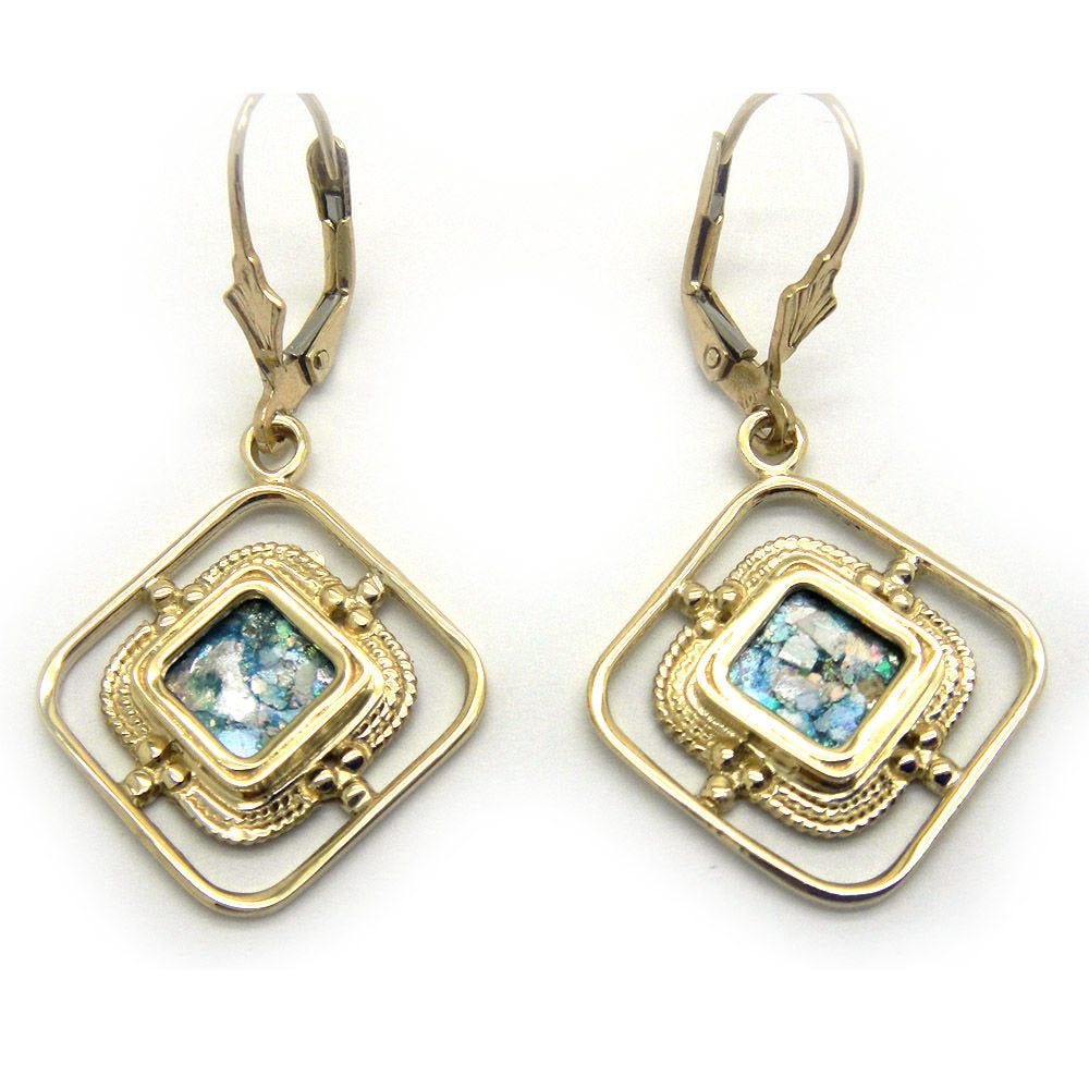 Ancient Roman Glass Earrings, 14K Yellow Gold Earrings, Woman Dangle Rhombus Earrings, Unique Jewelry image 0