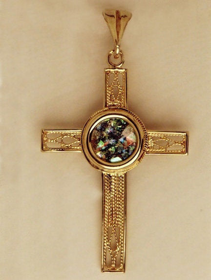 Unique 14K Yellow Gold Cross, Ancient Roman Glass Pendant, Gold Pendant, Roman Glass Jewelry image 0