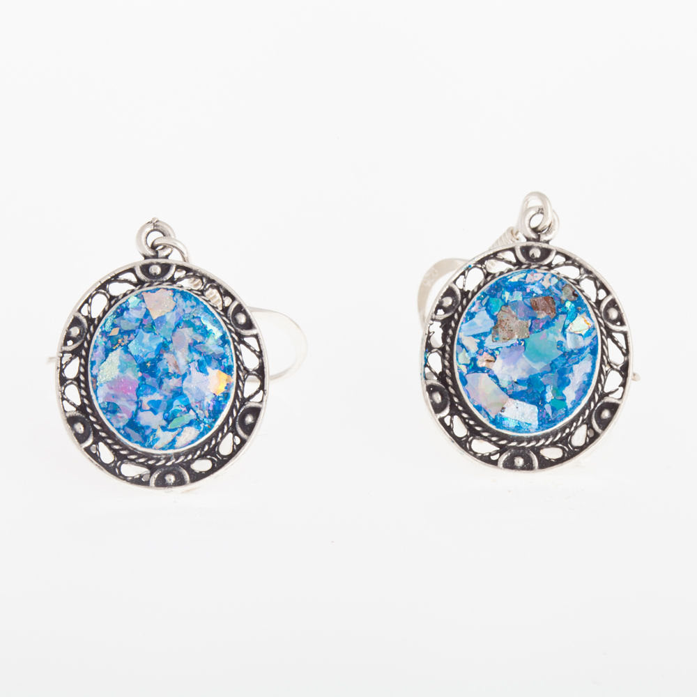 Ancient Roman Glass 925 Sterling Silver Dangle Earrings Unique Design image 2