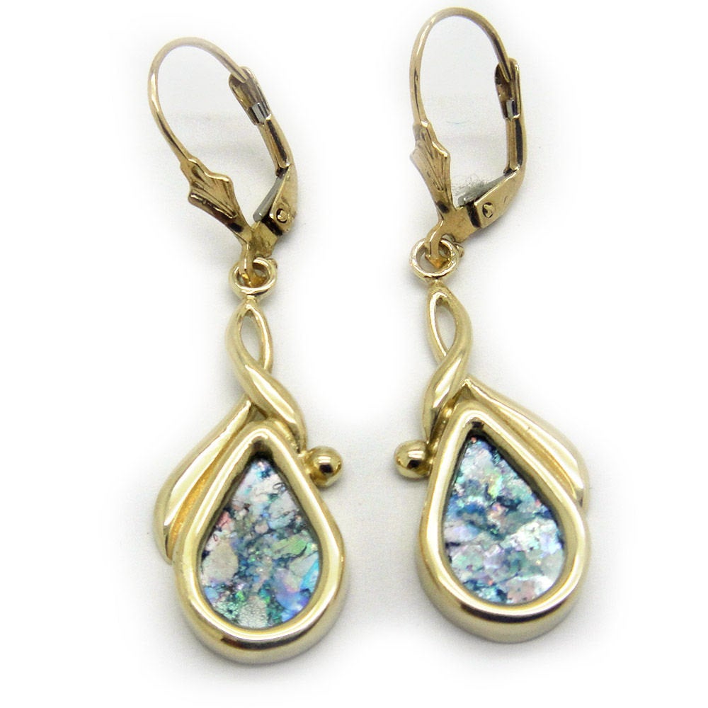 14K Yellow Gold Earrings, Ancient Roman Glass Earrings, Woman Dangle Drop Earrings, Unique Jewelry image 0