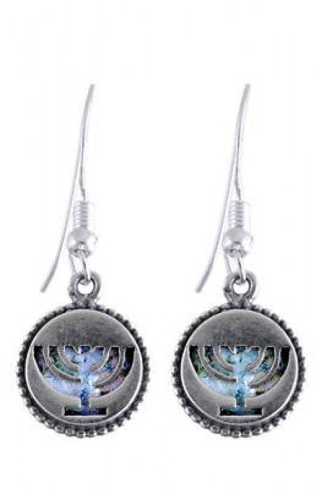 Special Dangle Earrings, 925 Sterling Silver Earrings, Ancient Roman Glass Earrings, Menorah, Judaica, Roman Glass Jewelry image 0