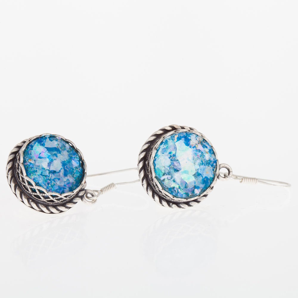 Dangle 925 Sterling Silver, Ancient Roman Glass Women Earrings Unique Design image 0