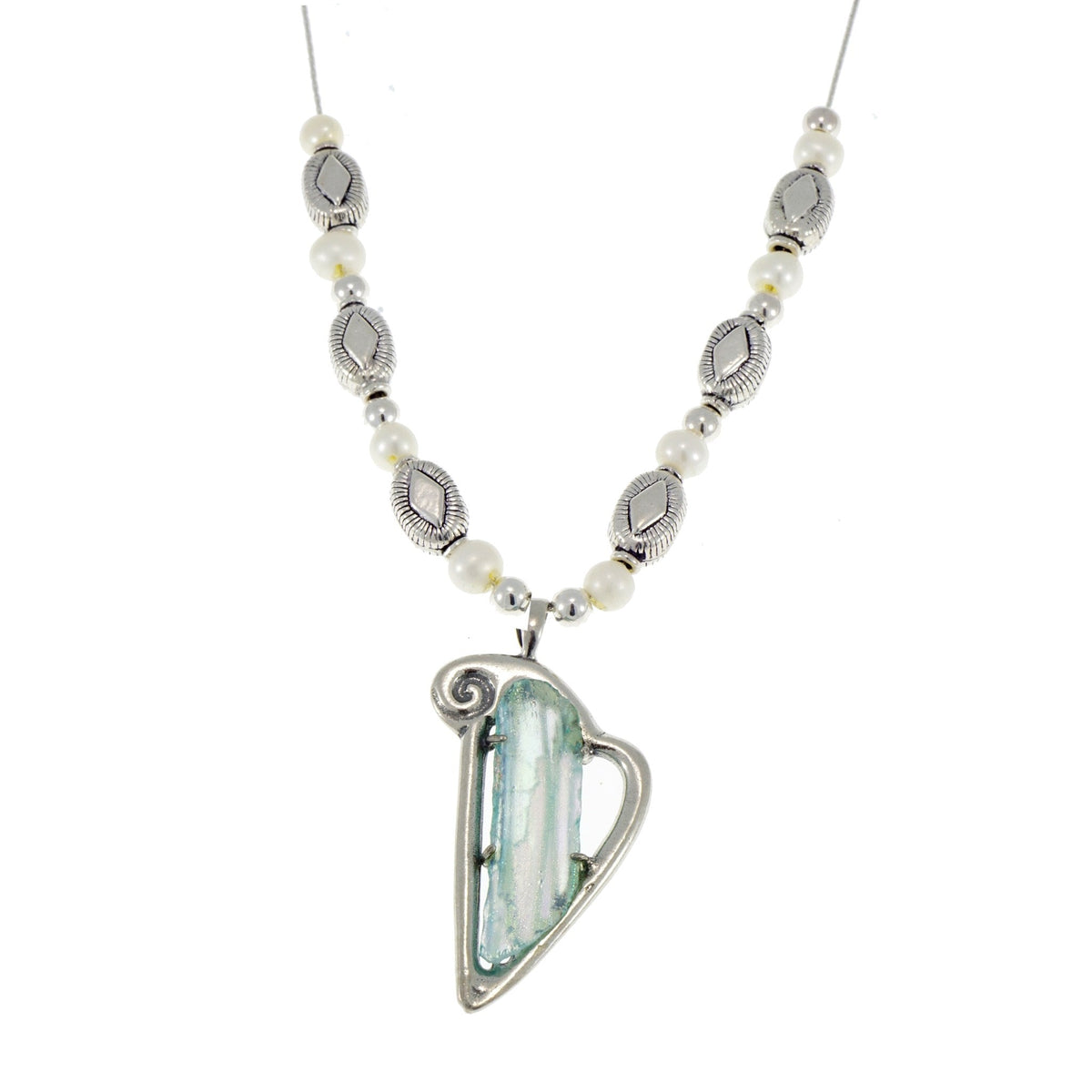 Ancient Roman glass Harp with pearls Original Gift Necklace - 925 Sterling Silver
