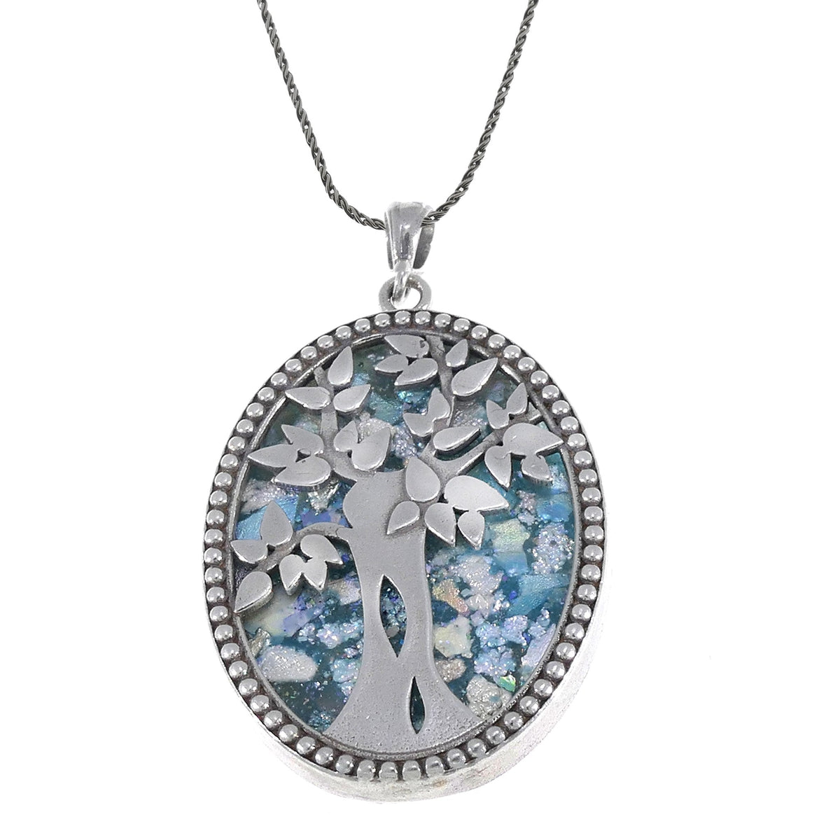 Great 925 Sterling Silver Ancient Roman Glass Big oval Tree Of Life Pendant-Unique Jewelry