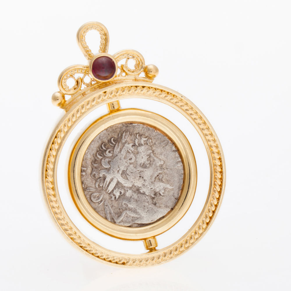 14K Yellow Gold Pendant, Roman Denar Coin Pendant with Garnet, Unique Jewelry image 0