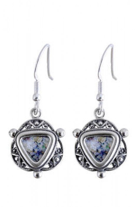 Filigree Dangle Earrings, 925 Sterling Silver Earrings, Ancient Roman Glass Earrings, Unique Jewelry image 0