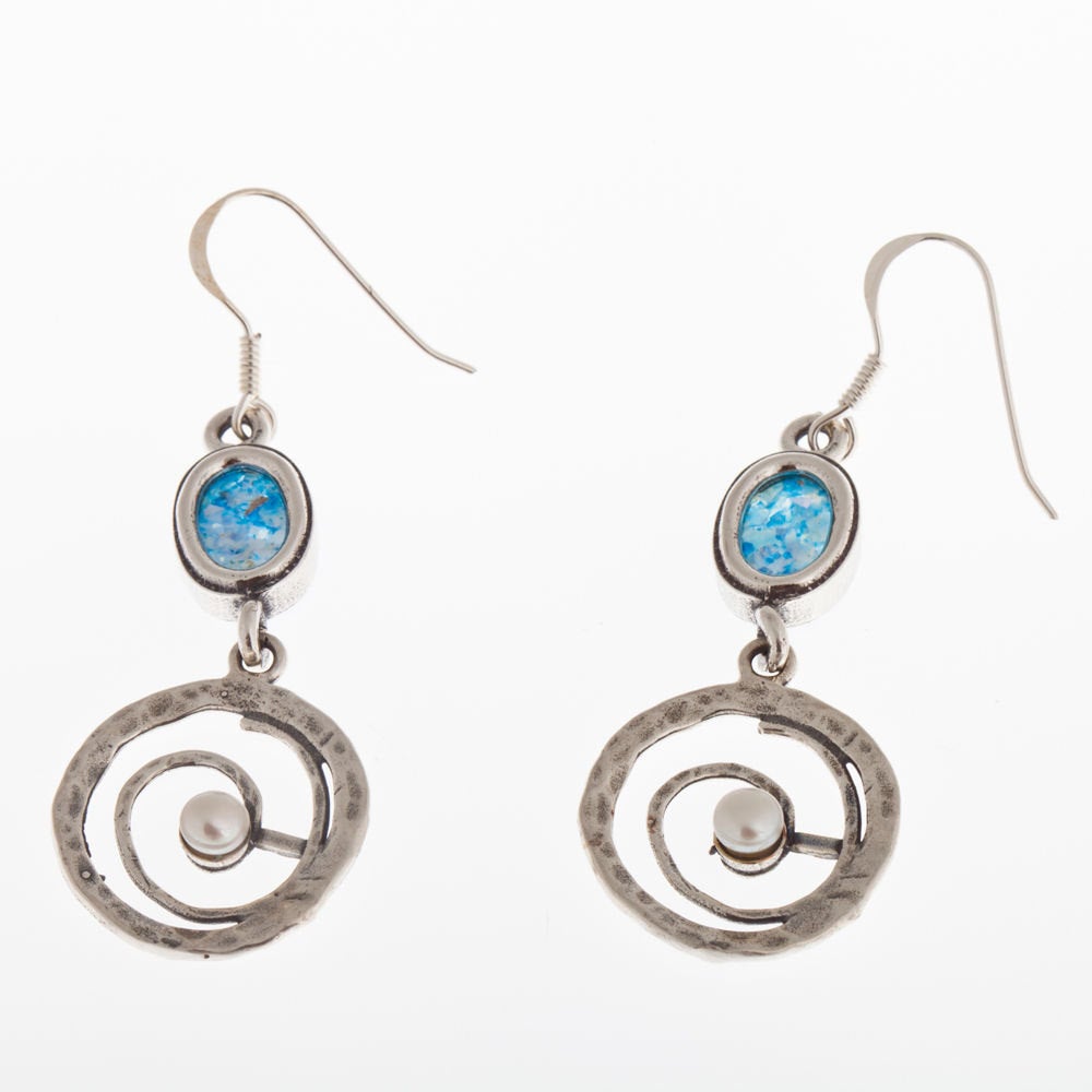 Spiral Pearl 925 Sterling Silver Ancient Roman Glass Earrings Unique Openwork image 0