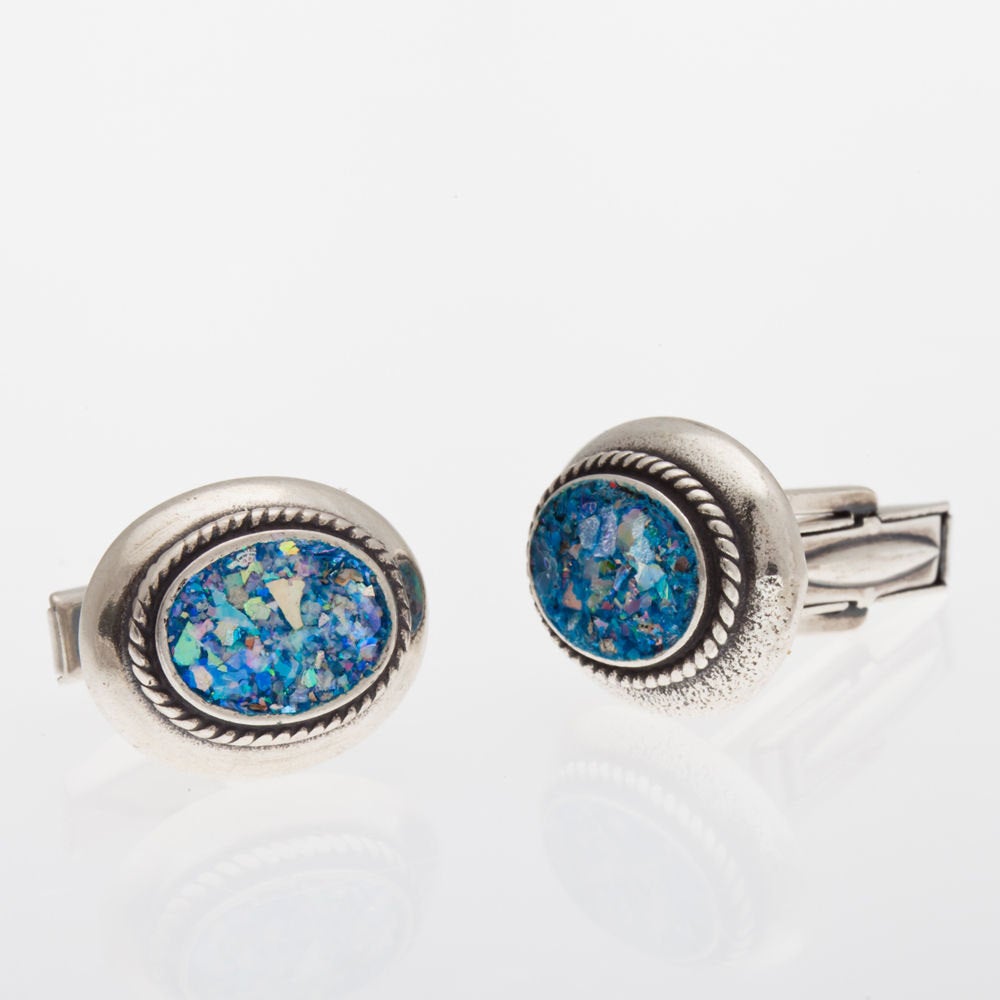 Stylish Men 925 Sterling Silver Authentic Roman Glass oval Cuff Links Jewelry image 0