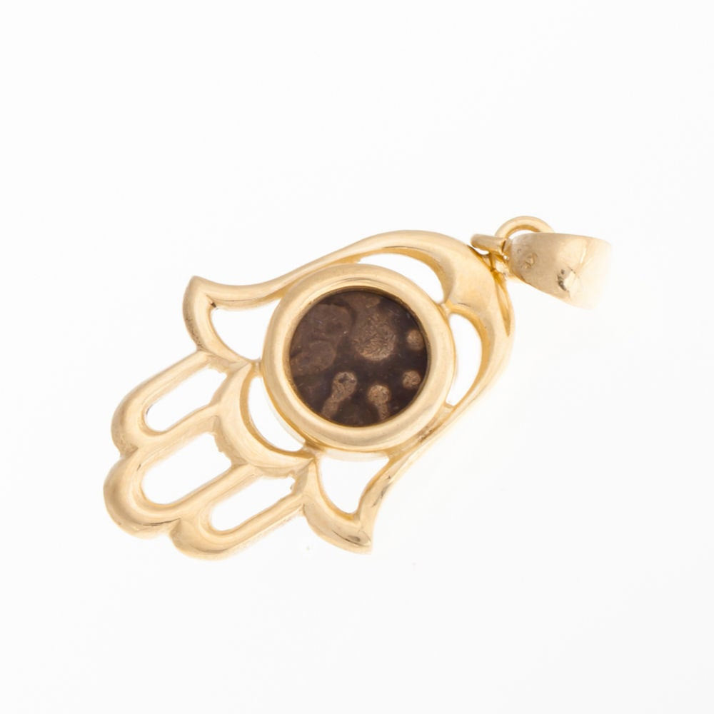 Hamsa-Pendant 14K Yellow Gold and Authentic Antique Rare Bronze Widow's Mite Coins image 0