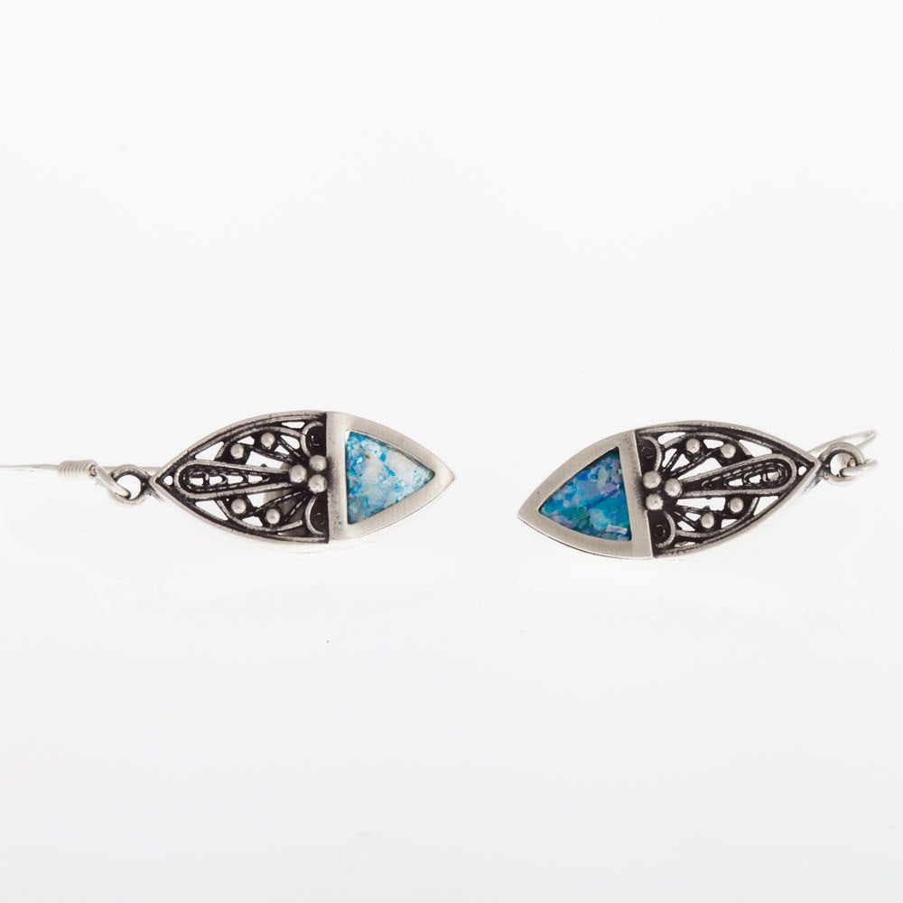 Drop Dangle 925 Sterling Silver-Ancient Roman Glass Earrings Unique Design image 0