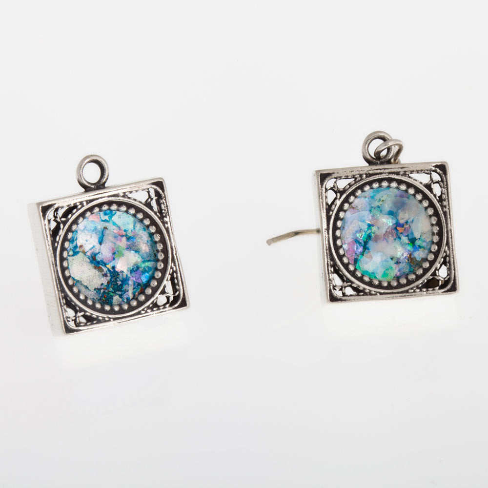 Square Dangle 925 Sterling Silver Ancient Roman Glass Earrings Unique Design image 0