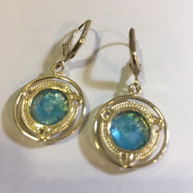 14K Yellow Gold Earrings, Ancient Roman Glass Earrings, Woman Dangle Round Earrings, Unique Jewelry image 2