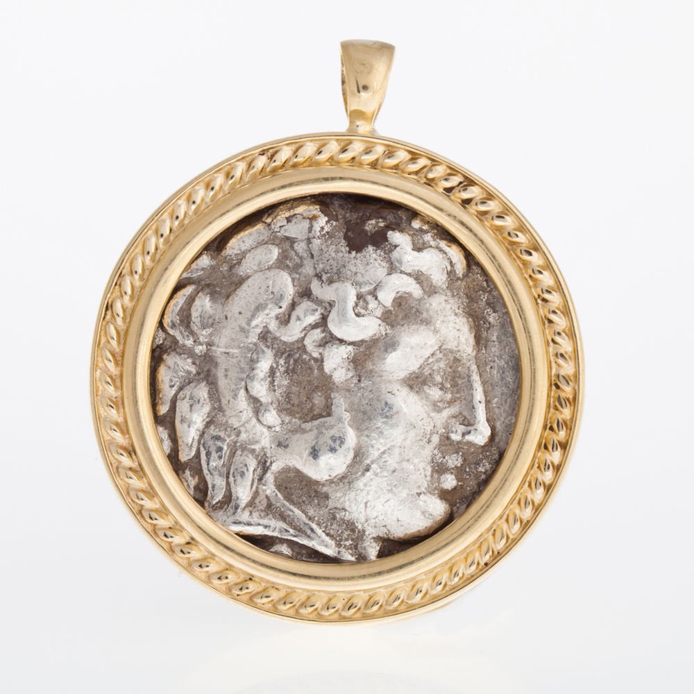 Antique Coin Pendant, 14K Yellow Gold Pendant, Alexander the Great Coin image 0