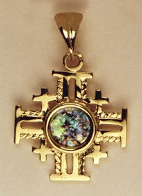 Unique 14K Yellow Gold Jerusalem Cross Filigree , Ancient Roman Glass Pendant, image 1
