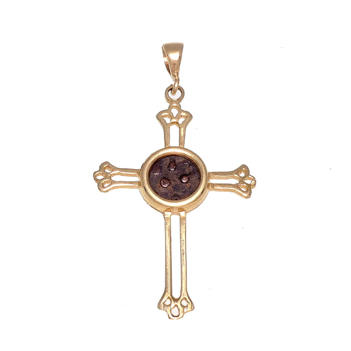 Cross 14K Yellow Gold and Antique Rare Bronze Widow's Mite Coins image 0