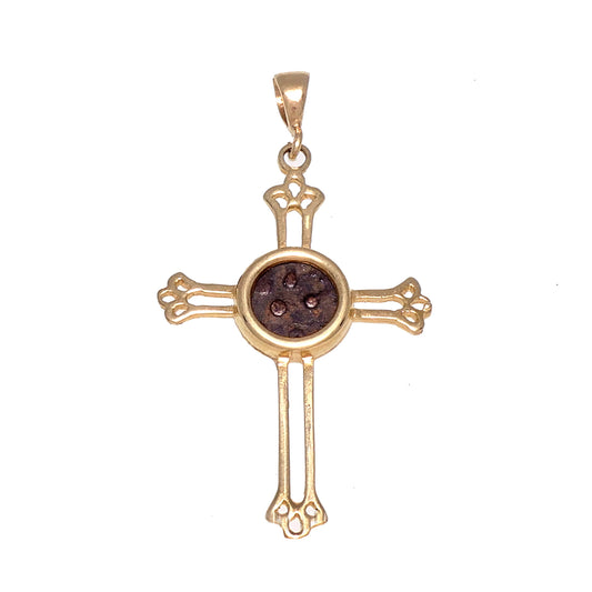 Cross 14K Yellow Gold and Antique Rare Bronze Widow's Mite Coins image 0