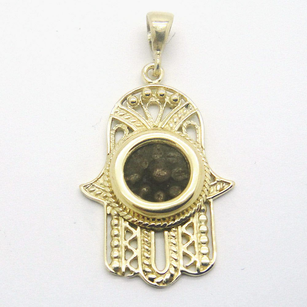 Hamsa Pendant, 14K Yellow Gold Pendant, Bronze Authentic Widow's Mite Coin Pendant, Judaica, Unique Jewelry image 0