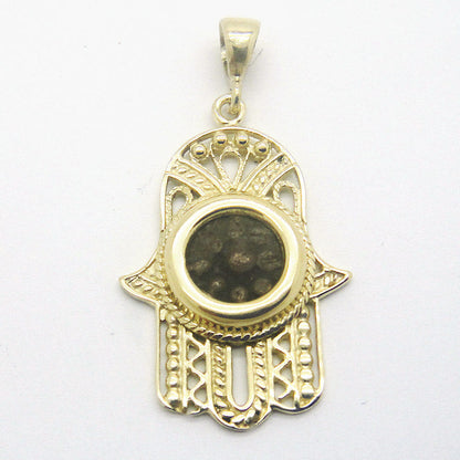 Hamsa Pendant, 14K Yellow Gold Pendant, Bronze Authentic Widow's Mite Coin Pendant, Judaica, Unique Jewelry image 0