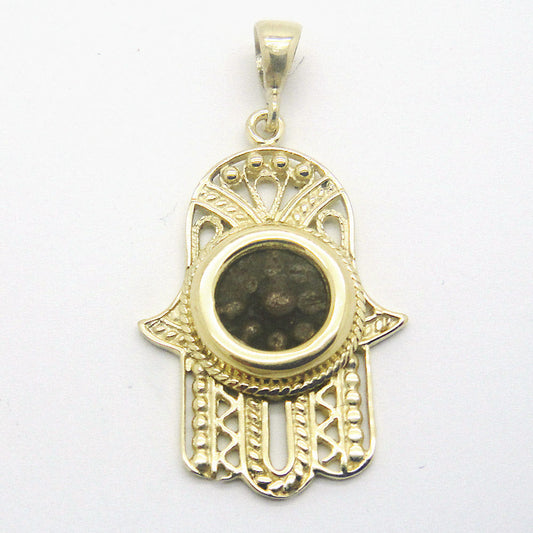 Hamsa Pendant, 14K Yellow Gold Pendant, Bronze Authentic Widow's Mite Coin Pendant, Judaica, Unique Jewelry image 0