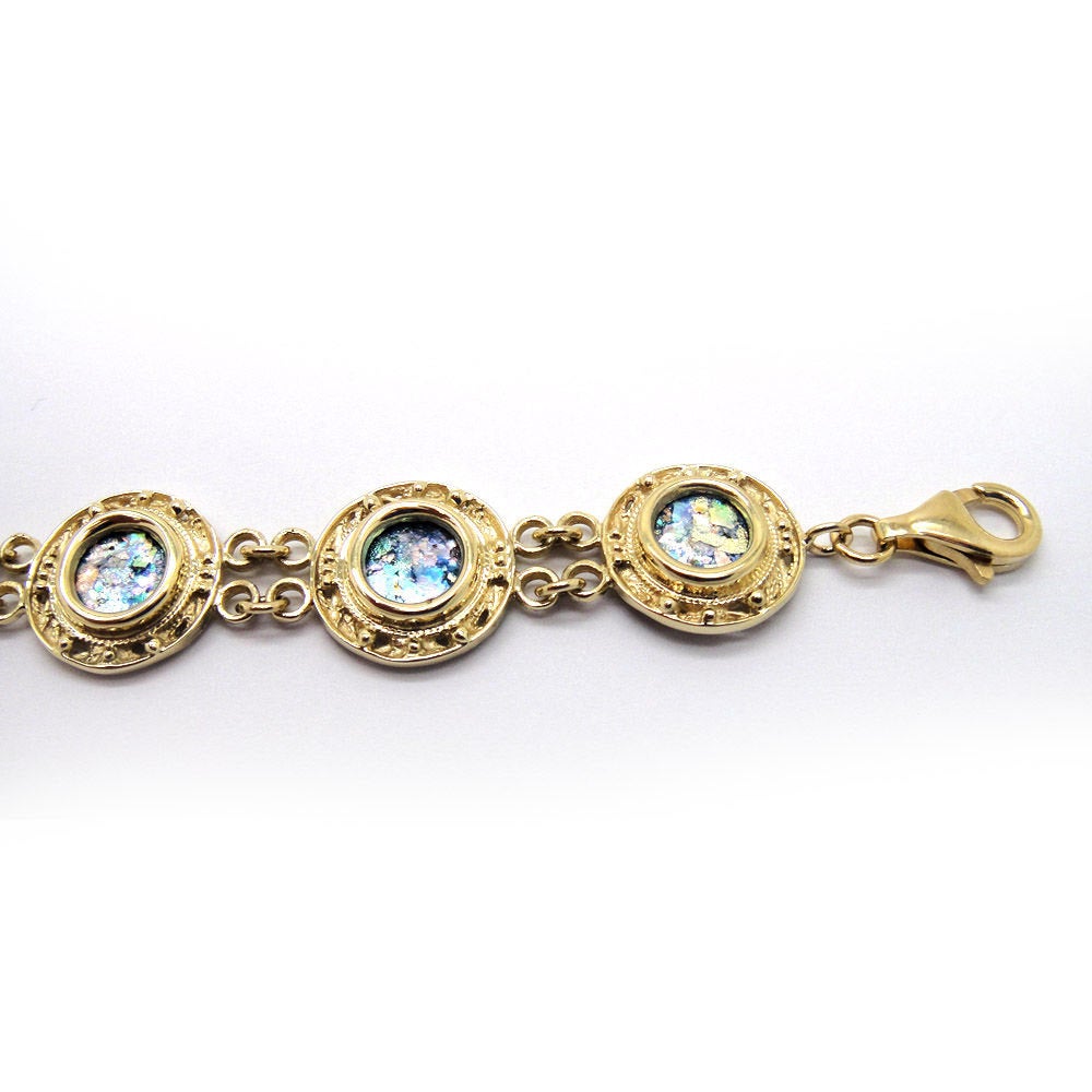 14K Yellow Gold Bracelet, Ancient Roman Glass Bracelet, Filigree Unique Jewelry image 1