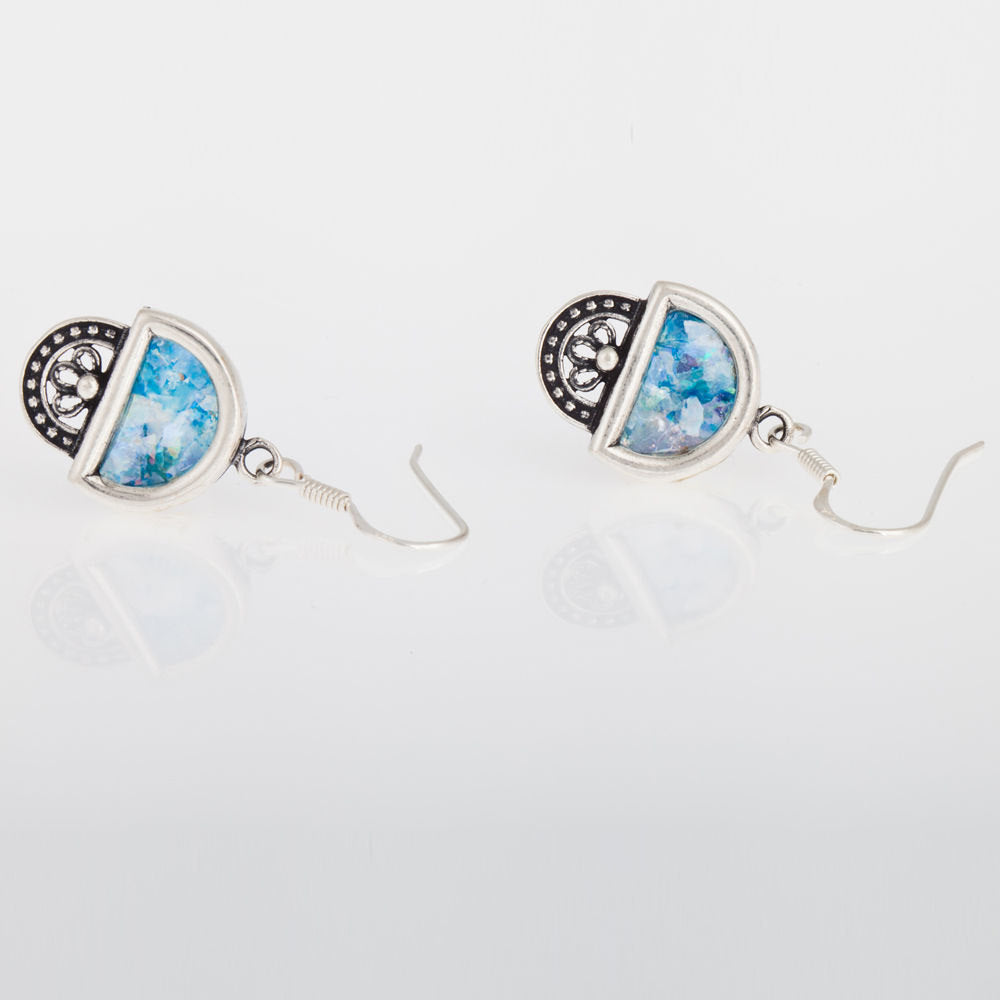 Lace Dangle 925 Sterling Silver Ancient Roman Glass Earrings Unique Openwork image 0