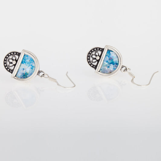 Lace Dangle 925 Sterling Silver Ancient Roman Glass Earrings Unique Openwork image 0
