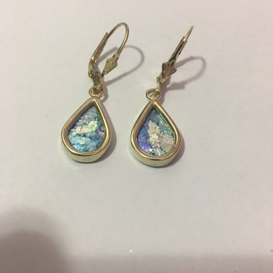 Ancient Roman Glass Earrings, 14K Yellow Gold Earrings, Woman Dangle Rhombus Earrings, Unique Jewelry image 0