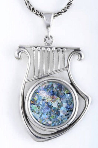 Beautiful 925 Sterling Silver Pendant, Ancient Roman Glass Pendant, Harp, Roman Glass Jewelry image 2