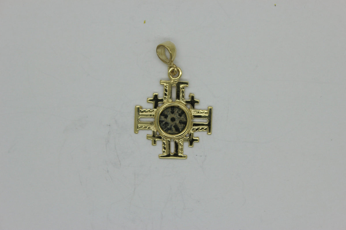 Coin Pendant,Jerusalem cross with Antique Authentic Bronze Widow's Mite Coin, 14k Yellow Gold Pendant, Ancient Coin Jewelry image 0