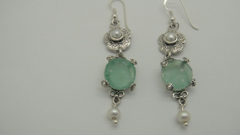 Delicate Dangle Earrings, 925 Sterling Silver Earrings, Ancient Roman Glass Earrings, Pearl Earrings, Unique Jewelry image 0