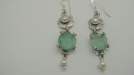 Delicate Dangle Earrings, 925 Sterling Silver Earrings, Ancient Roman Glass Earrings, Pearl Earrings, Unique Jewelry image 0