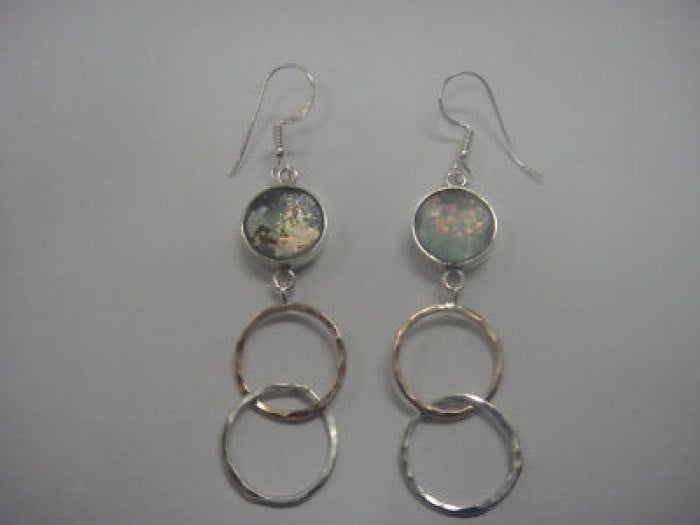 Dangle 925 Sterling Silver Earrings, Gold  Filled, Ancient Roman Glass Earrings, Unique Jewelry image 1