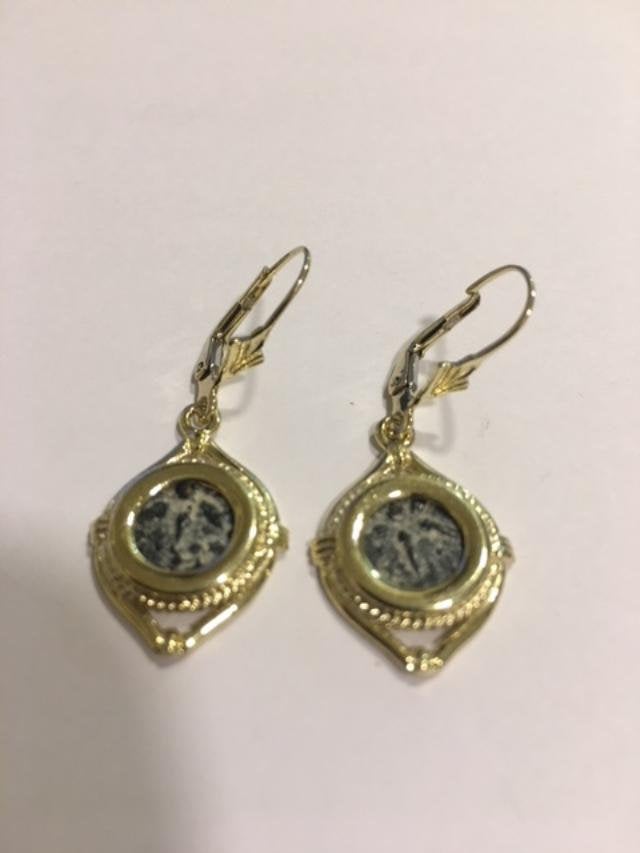 Antique Coin Earrings, 14K Yellow Gold Earrings, Bronze Widow's Mite Coin image 0