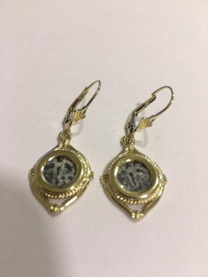 Antique Coin Earrings, 14K Yellow Gold Earrings, Bronze Widow's Mite Coin image 0