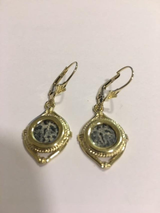 Antique Coin Earrings, 14K Yellow Gold Earrings, Bronze Widow's Mite Coin image 0