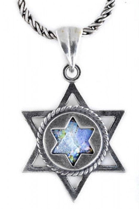 Gentle Double David Star Pendant, 925 Sterling Silver Pendant, Ancient Roman Glass Pendant, Judaica, Roman Glass Jewelry image 0