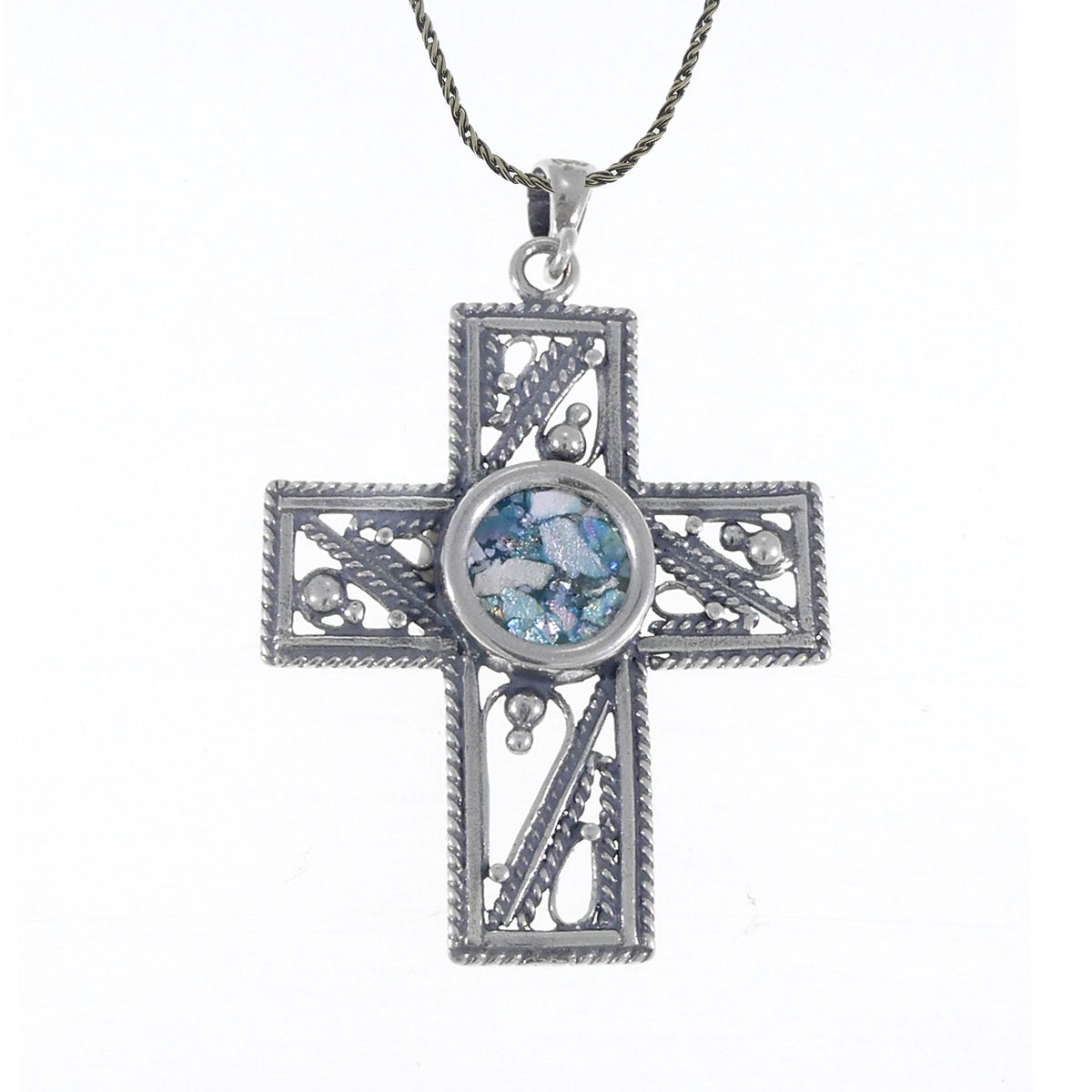Nice Filigree Cross, Ancient Roman Glass Pendant, 925 Sterling Silver Pendant, Romna Glass Cross, Unique Jewelry image 0