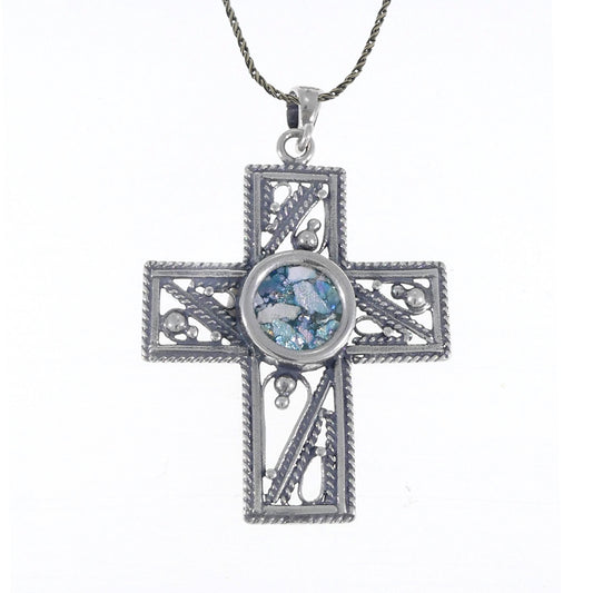 Nice Filigree Cross, Ancient Roman Glass Pendant, 925 Sterling Silver Pendant, Romna Glass Cross, Unique Jewelry image 0
