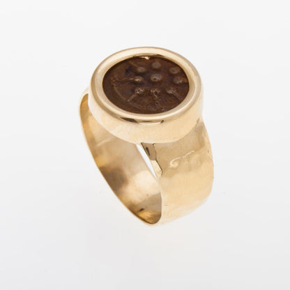 14K Yellow Gold Ring, Antique Rare,Bronze Widows Mite Coin Ring Unique image 0