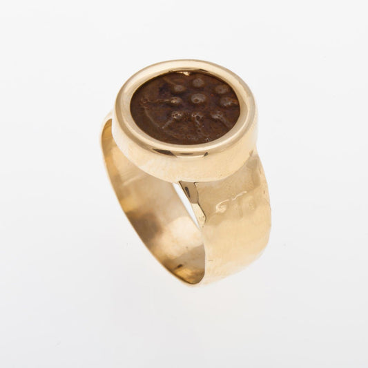 14K Yellow Gold Ring, Antique Rare,Bronze Widows Mite Coin Ring Unique image 0