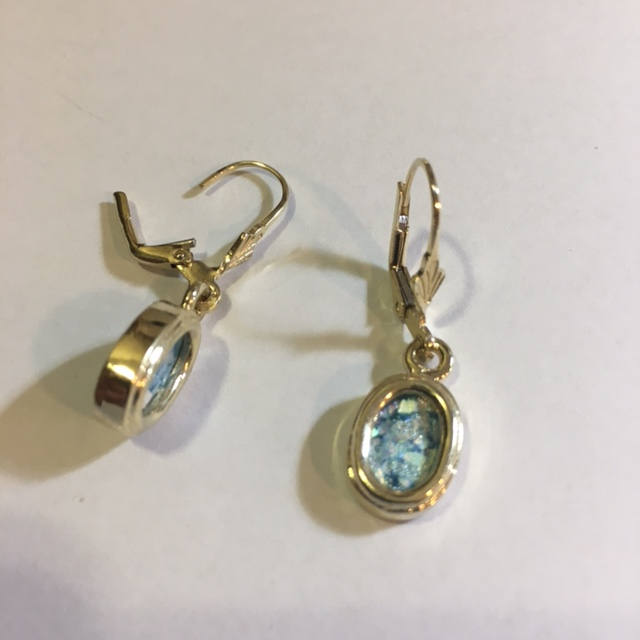 Ancient Roman Glass Earrings, 14K Yellow Gold Earrings, Woman Dangle Rhombus Earrings, Unique Jewelry image 1