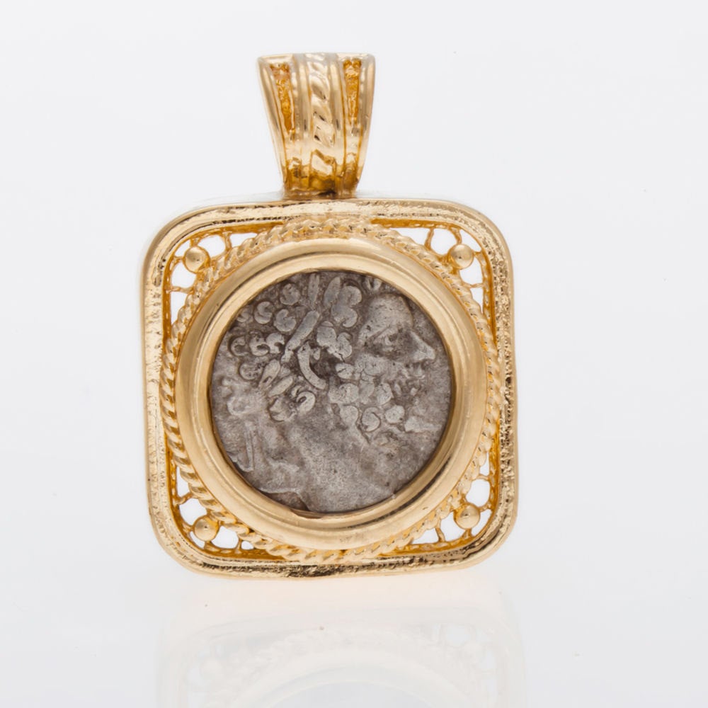14K Yellow Gold Roman Denar Coin Pendant, Beautiful Antique Design Unique image 0