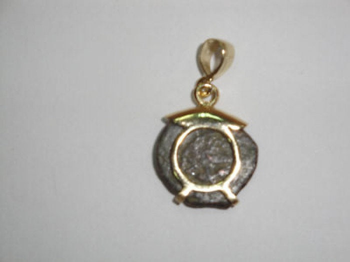 14k Yellow Gold Pendant, Authentic ,Antique Bronze Widows Mite Coin Pendant, Ancient Coin Jewelry, Israel image 2
