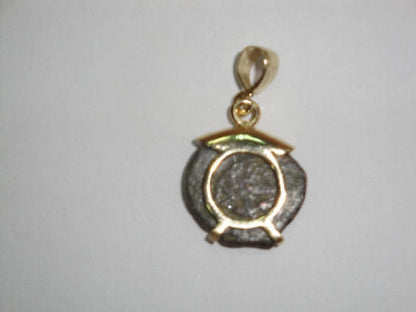 14k Yellow Gold Pendant, Authentic ,Antique Bronze Widows Mite Coin Pendant, Ancient Coin Jewelry, Israel image 2