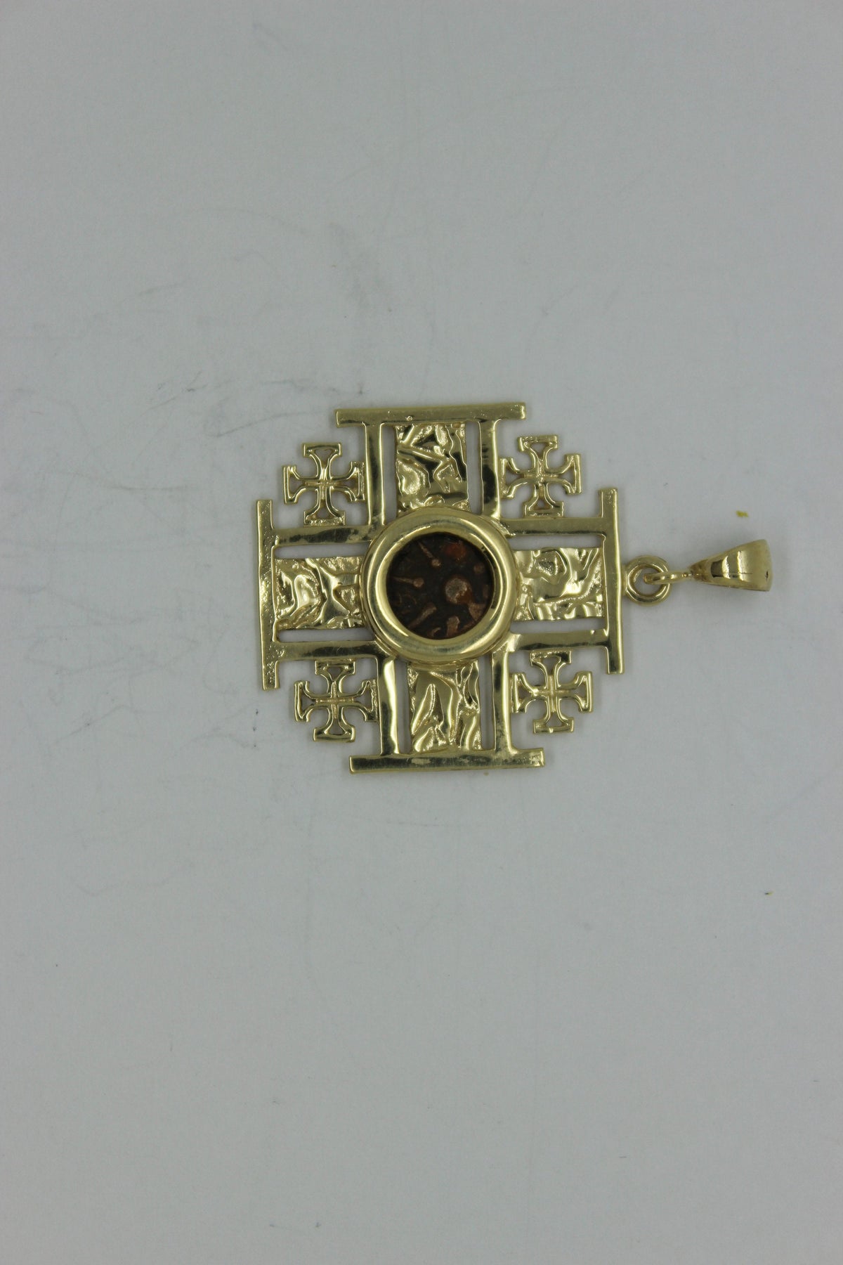 Coin Pendant,Jerusalem cross with Antique Authentic Bronze Widow's Mite Coin, 14k Yellow Gold Pendant, Ancient Coin Jewelry image 0