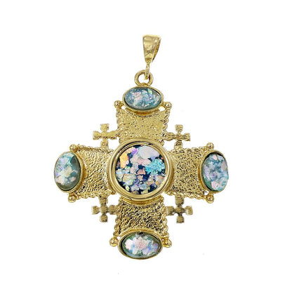 Unique 14K Yellow Gold Jerusalem Cross, Ancient Roman Glass Pendant, image 0