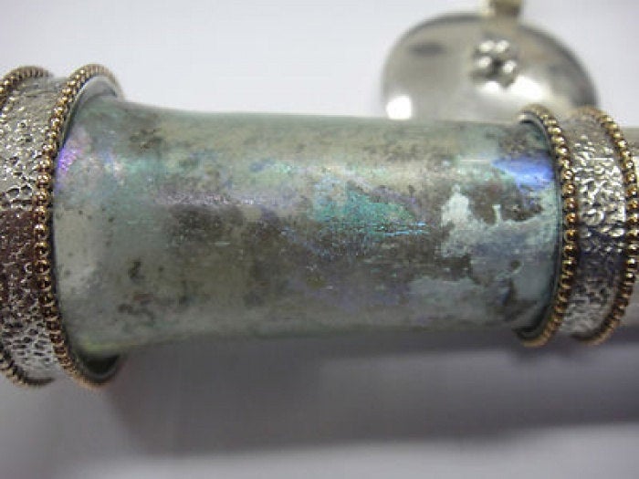 One Of A Kind Beautiful 925 Sterling Silver Mezuzah, Antique Roman Glass Mezuzah, Judaica image 2